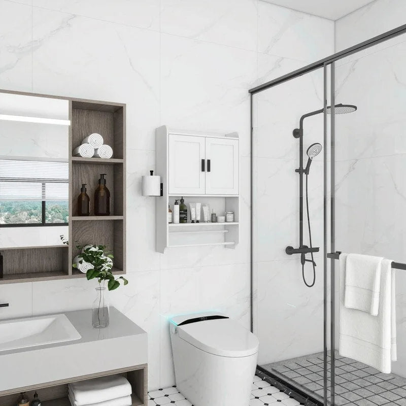 Meuble haut de salle de bain avec étagère réglable, porte-serviettes et dérouleur de papier toilette