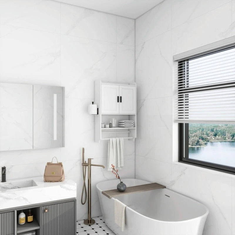 Meuble haut de salle de bain avec étagère réglable, porte-serviettes et dérouleur de papier toilette