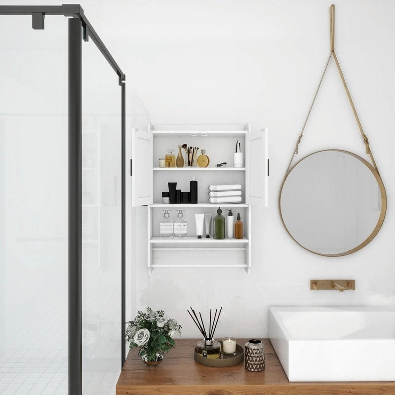 Meuble haut de salle de bain avec étagère réglable, porte-serviettes et dérouleur de papier toilette