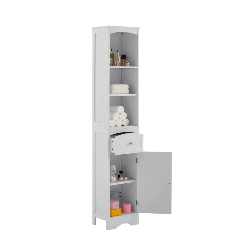 Armoire de salle de bain haute avec placard de rangement, tiroir, étagères
