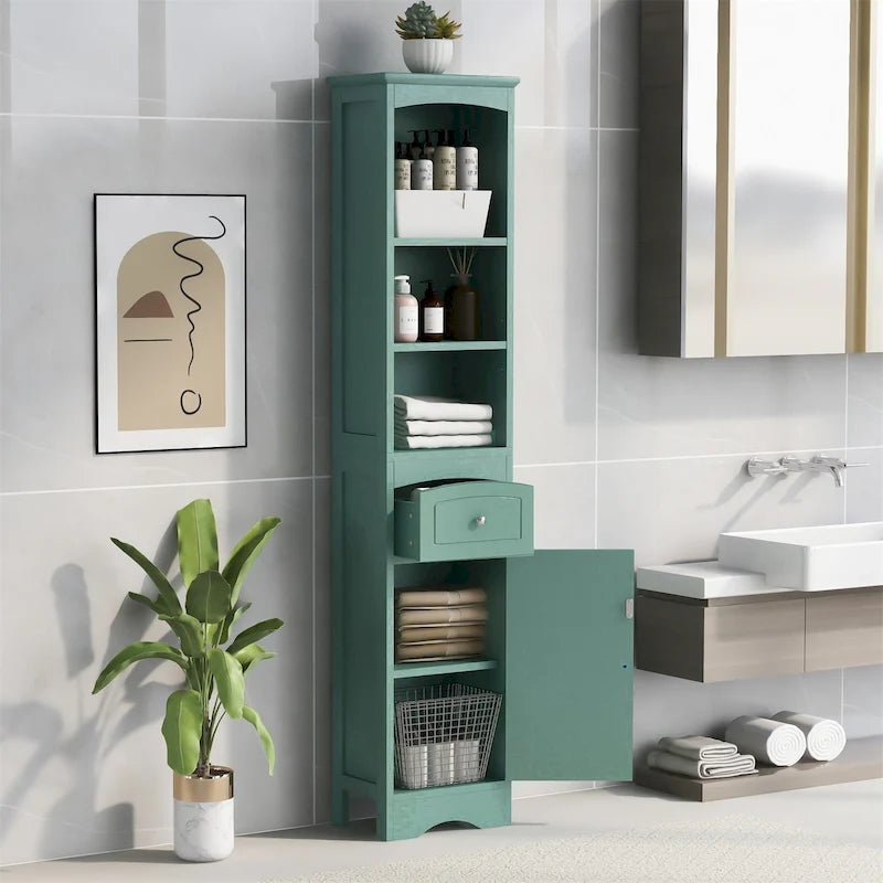 Armoire de salle de bain haute avec placard de rangement, tiroir, étagères