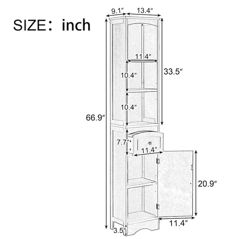 Armoire de salle de bain haute avec placard de rangement, tiroir, étagères
