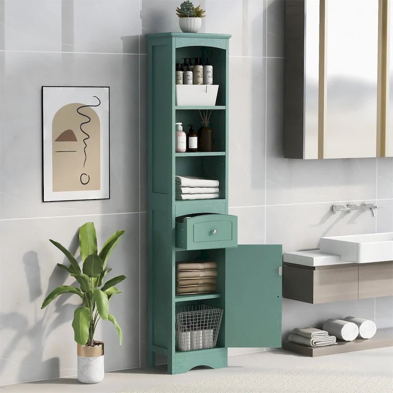 Armoire de salle de bain haute avec placard de rangement, tiroir, étagères