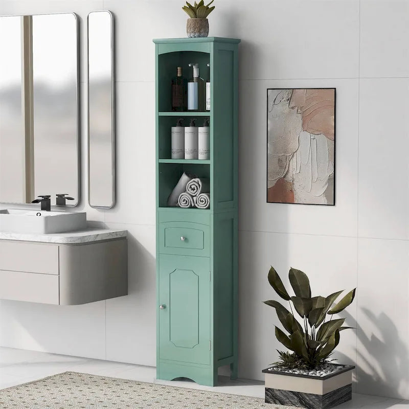 Armoire de salle de bain haute avec placard de rangement, tiroir, étagères
