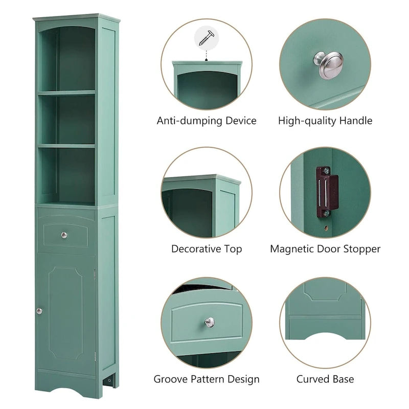 Armoire de salle de bain haute avec placard de rangement, tiroir, étagères