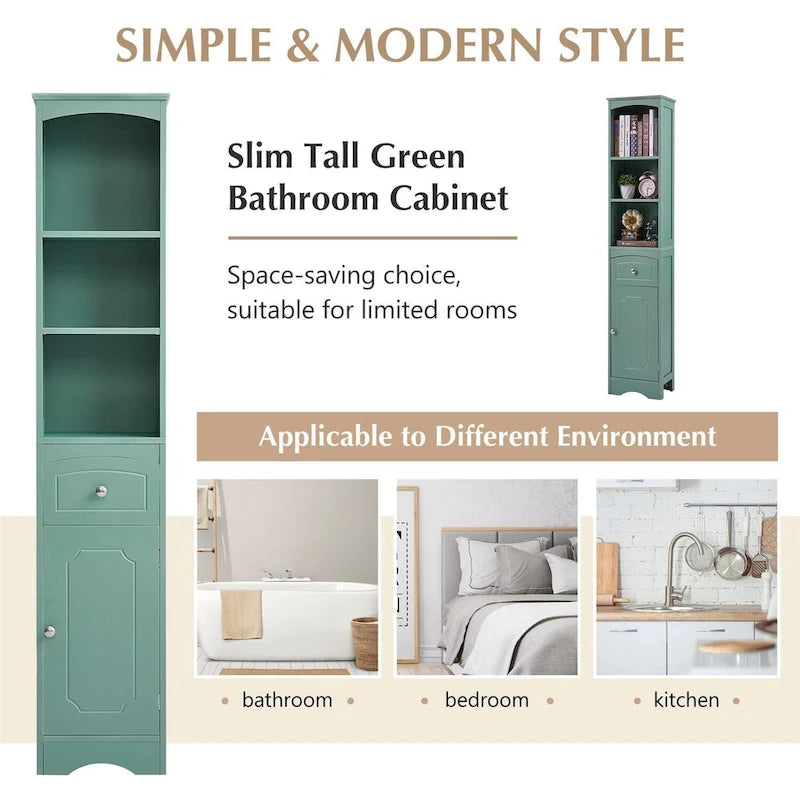 Armoire de salle de bain haute avec placard de rangement, tiroir, étagères