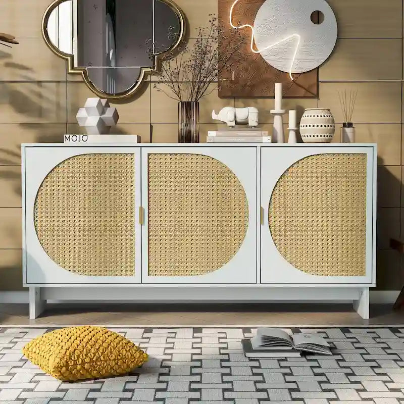 Meuble de rangement avec portes en rotin et étagères réglables