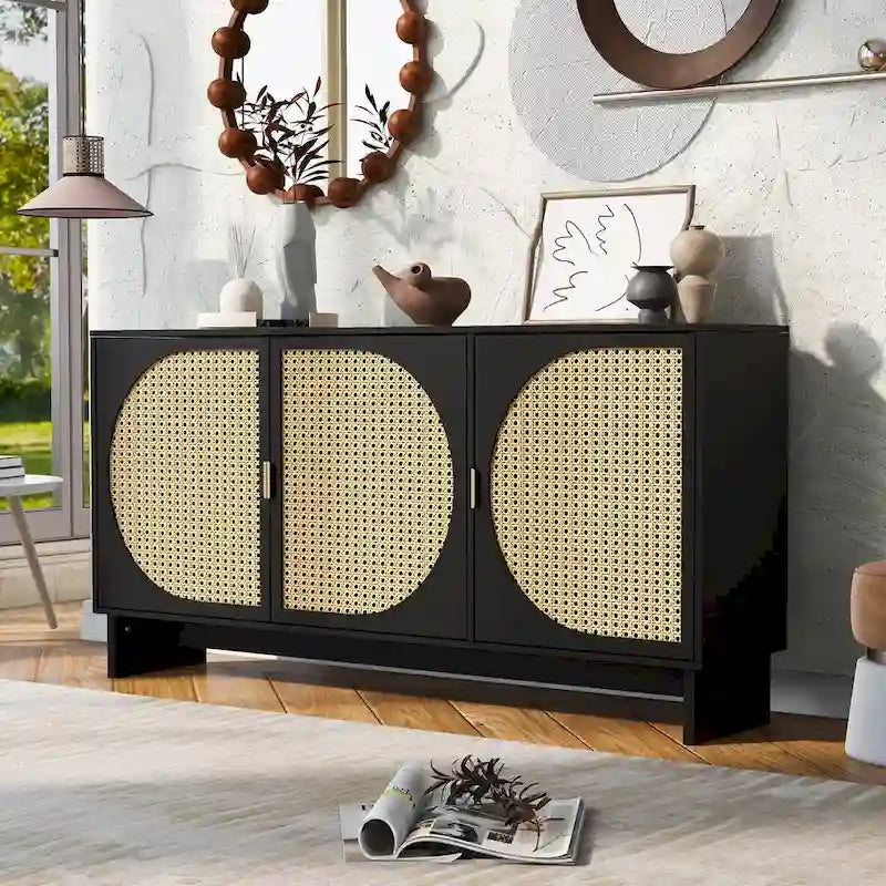 Meuble de rangement avec portes en rotin et étagères réglables