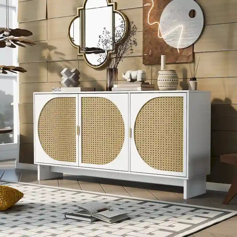 Meuble de rangement avec portes en rotin et étagères réglables