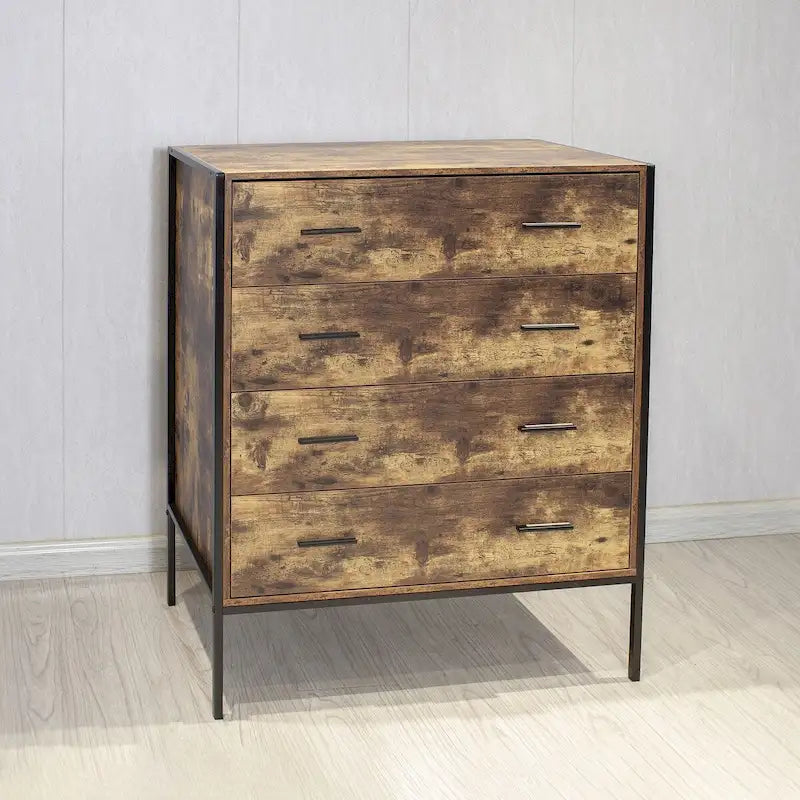 Commode à 4 tiroirs, Armoire de rangement en bois marron pour vêtements