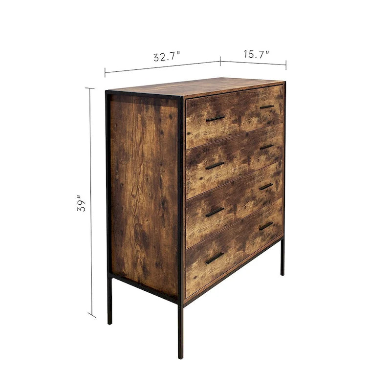 Commode à 4 tiroirs, Armoire de rangement en bois marron pour vêtements