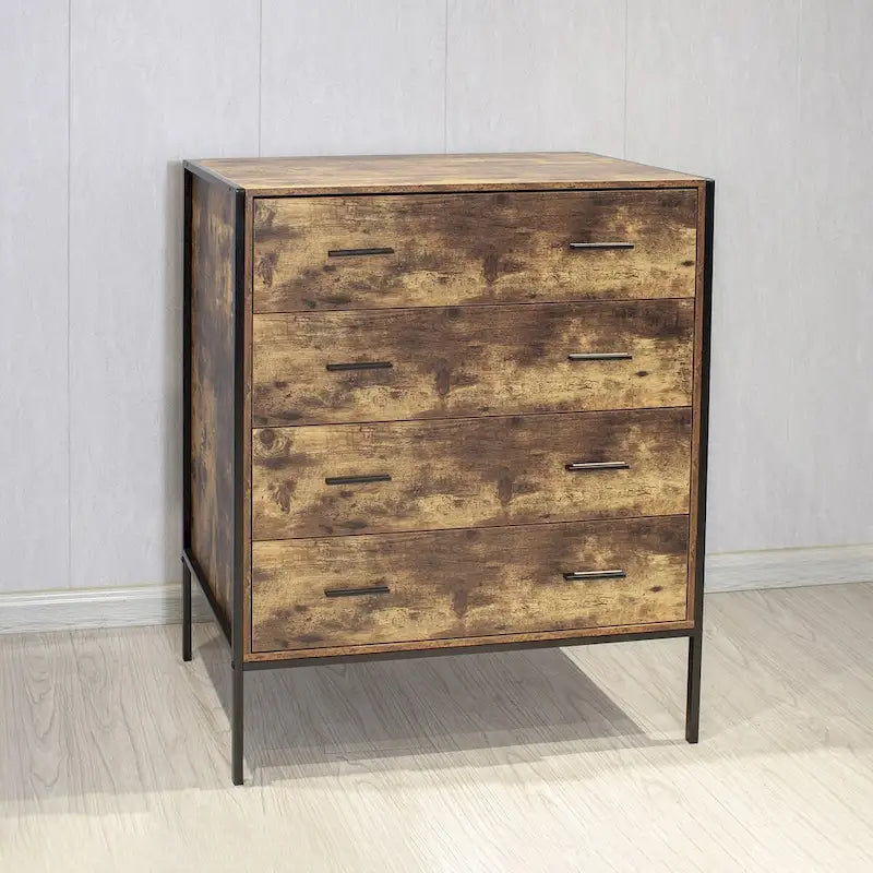 Commode à 4 tiroirs, Armoire de rangement en bois marron pour vêtements