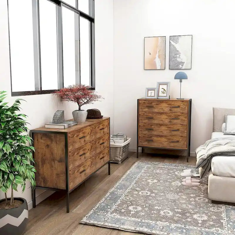 Commode à 4 tiroirs, Armoire de rangement en bois marron pour vêtements