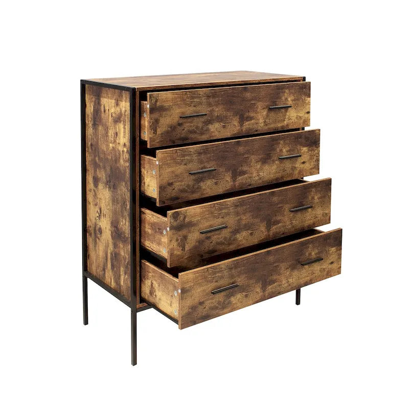 Commode à 4 tiroirs, Armoire de rangement en bois marron pour vêtements