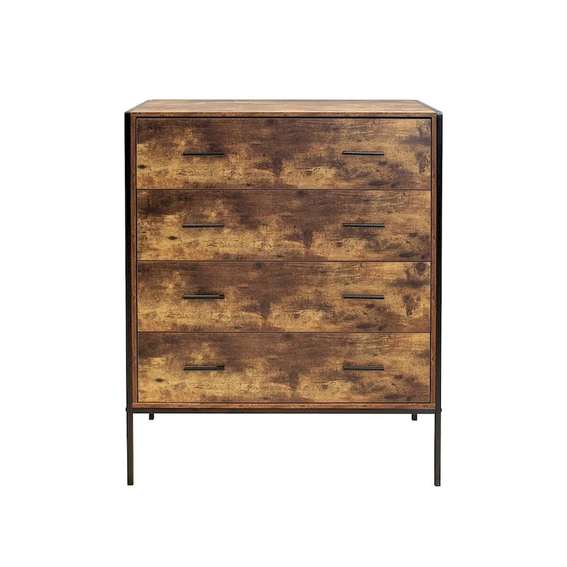 Commode à 4 tiroirs, Armoire de rangement en bois marron pour vêtements