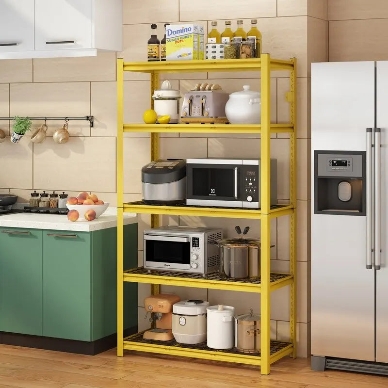 Étagère métallique jaune à 5 niveaux réglables, idéale pour rangement robuste de garage