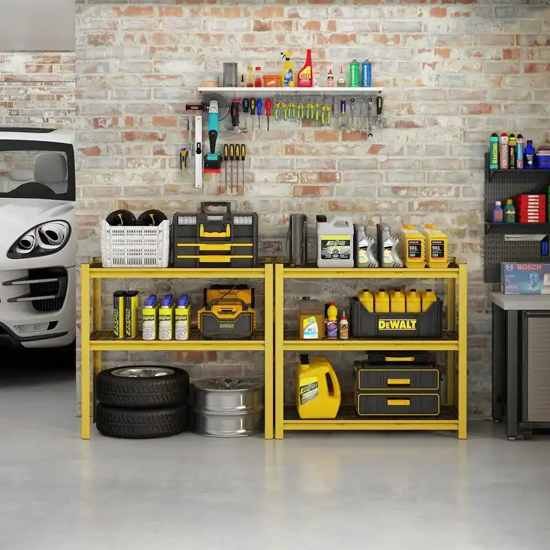 Étagère métallique jaune à 5 niveaux réglables, idéale pour rangement robuste de garage