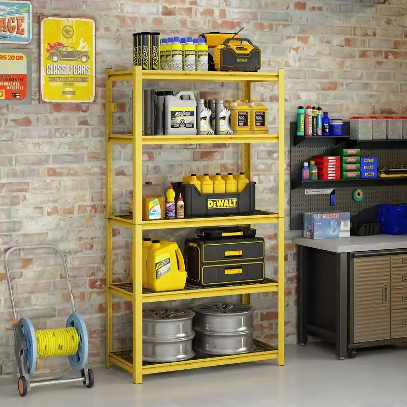 Étagère métallique jaune à 5 niveaux réglables, idéale pour rangement robuste de garage