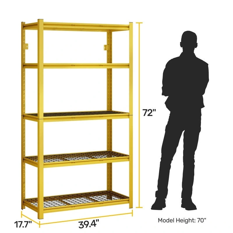 Étagère métallique jaune à 5 niveaux réglables, idéale pour rangement robuste de garage