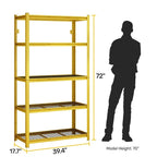 Étagère métallique jaune à 5 niveaux réglables, idéale pour rangement robuste de garage