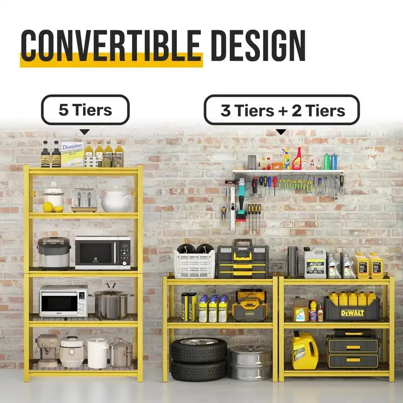 Étagère métallique jaune à 5 niveaux réglables, idéale pour rangement robuste de garage