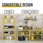Étagère métallique jaune à 5 niveaux réglables, idéale pour rangement robuste de garage