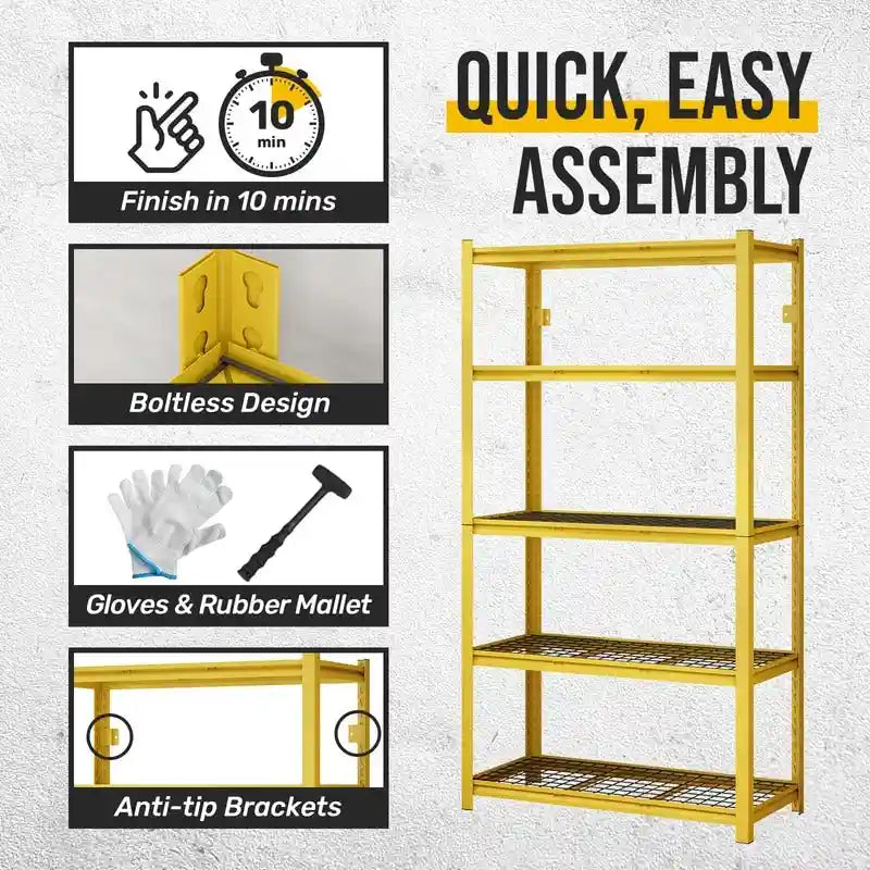 Étagère métallique jaune à 5 niveaux réglables, idéale pour rangement robuste de garage