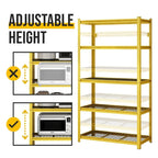 Étagère métallique jaune à 5 niveaux réglables, idéale pour rangement robuste de garage