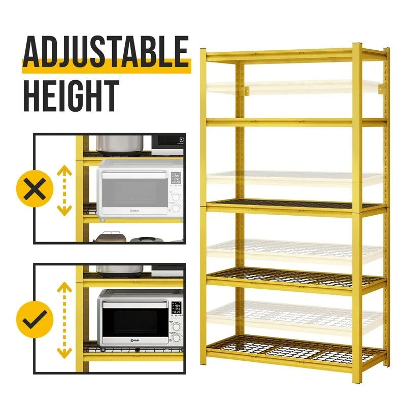 Étagère métallique jaune à 5 niveaux réglables, idéale pour rangement robuste de garage