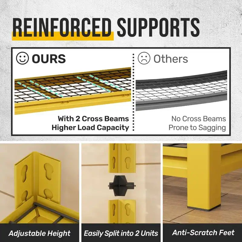 Étagère métallique jaune à 5 niveaux réglables, idéale pour rangement robuste de garage