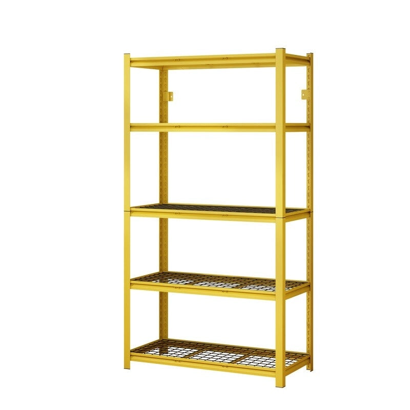 Étagère métallique jaune à 5 niveaux réglables, idéale pour rangement robuste de garage