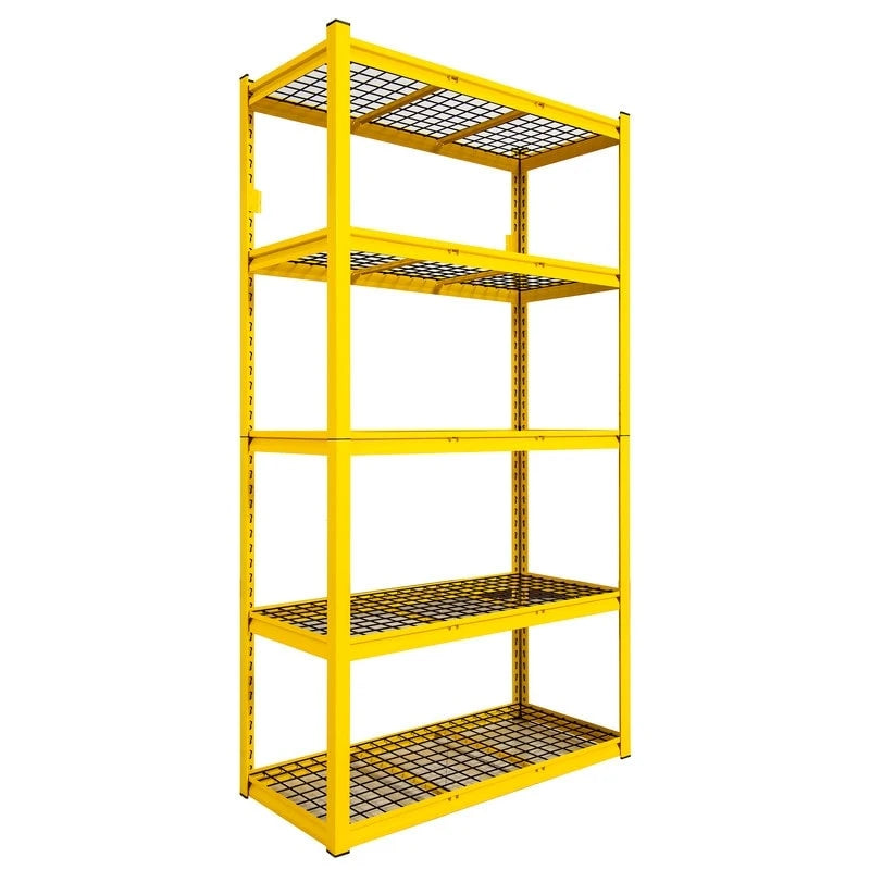 Étagère métallique jaune à 5 niveaux réglables, idéale pour rangement robuste de garage