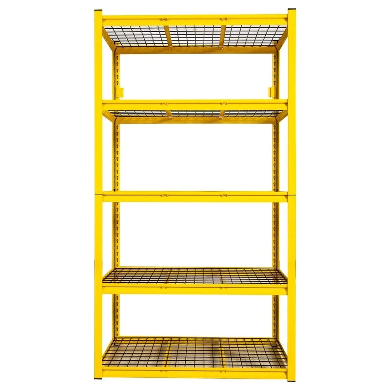 Étagère métallique jaune à 5 niveaux réglables, idéale pour rangement robuste de garage