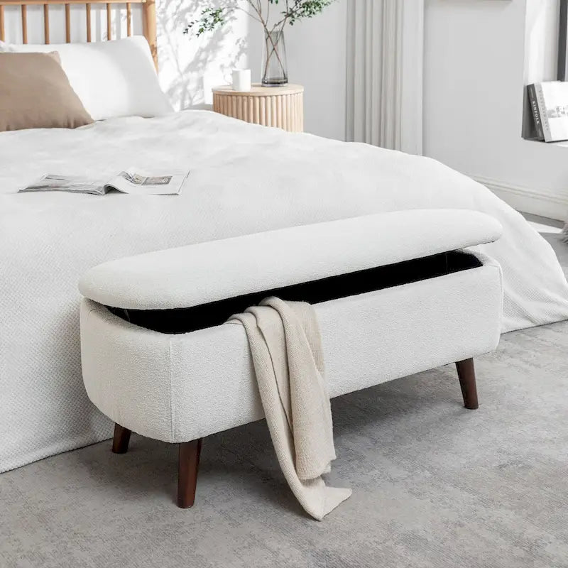 Banc de rangement en tissu de velours avec pieds en hévéa