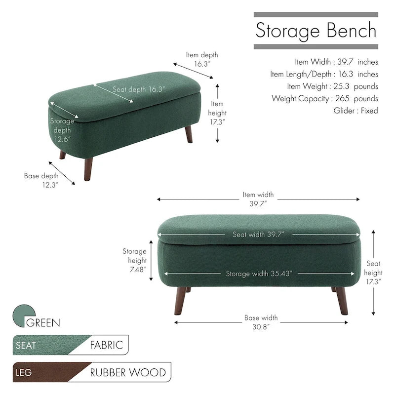 Banc de rangement en tissu de velours avec pieds en hévéa