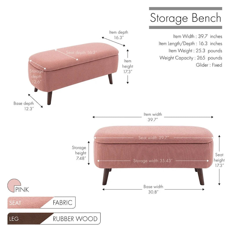 Banc de rangement en tissu de velours avec pieds en hévéa