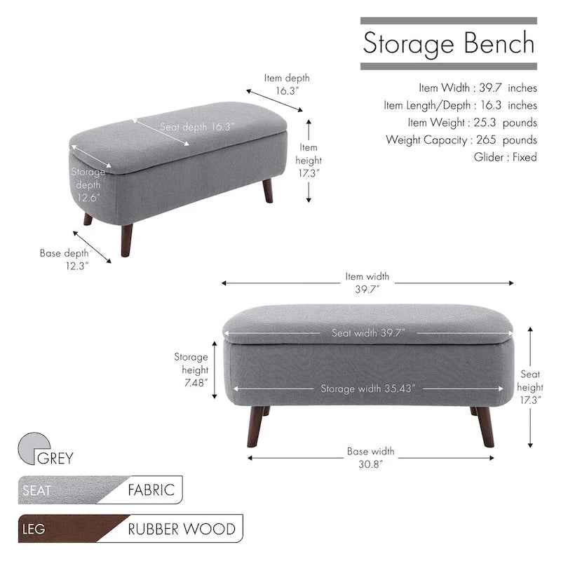 Banc de rangement en tissu de velours avec pieds en hévéa