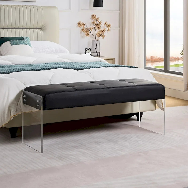 Javlergo Upholstered Entryway Bench, Faux Leather Bedroom/Living Room Bench, Acrylic Base 44.7-inch