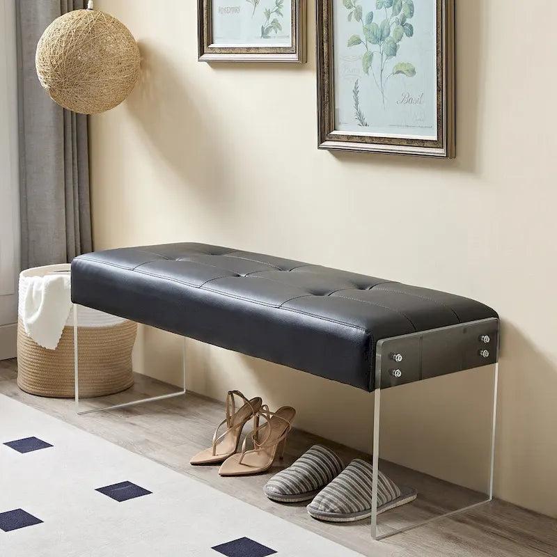Banc d'entrée rembourré en similicuir avec piètement en acrylique Style moderne