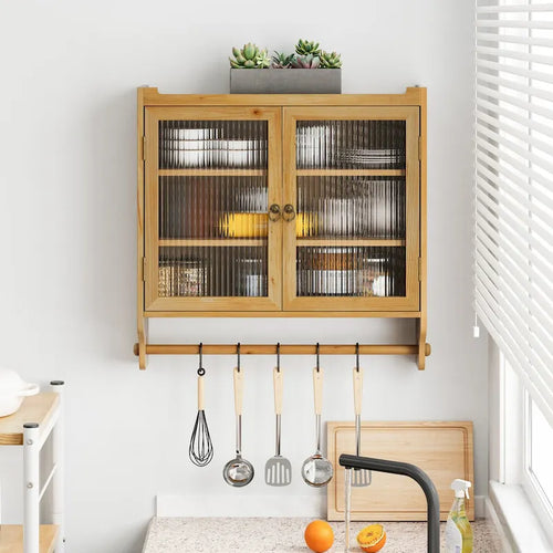 24.8Porte-Verre Vintage Double Porte Armoire Murale Avec Trois Niveaux de Rangement Avec Porte-Serviettes, Couleur Bois Originale
