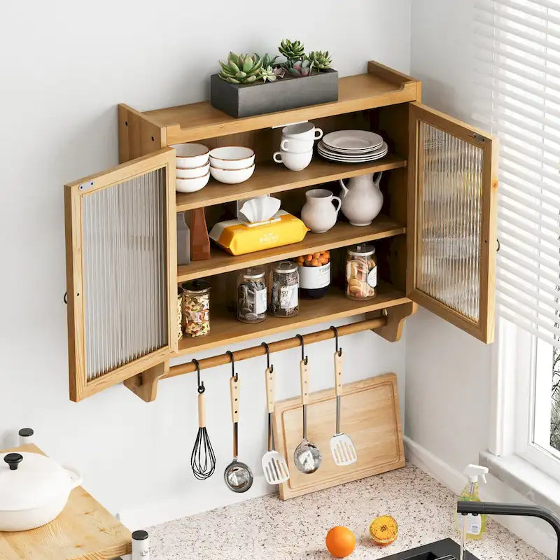 Armoire murale vintage à double porte vitrée de 24,8 pouces – conception de rangement à trois niveaux, comprend un porte-serviettes, placage en bois naturel.