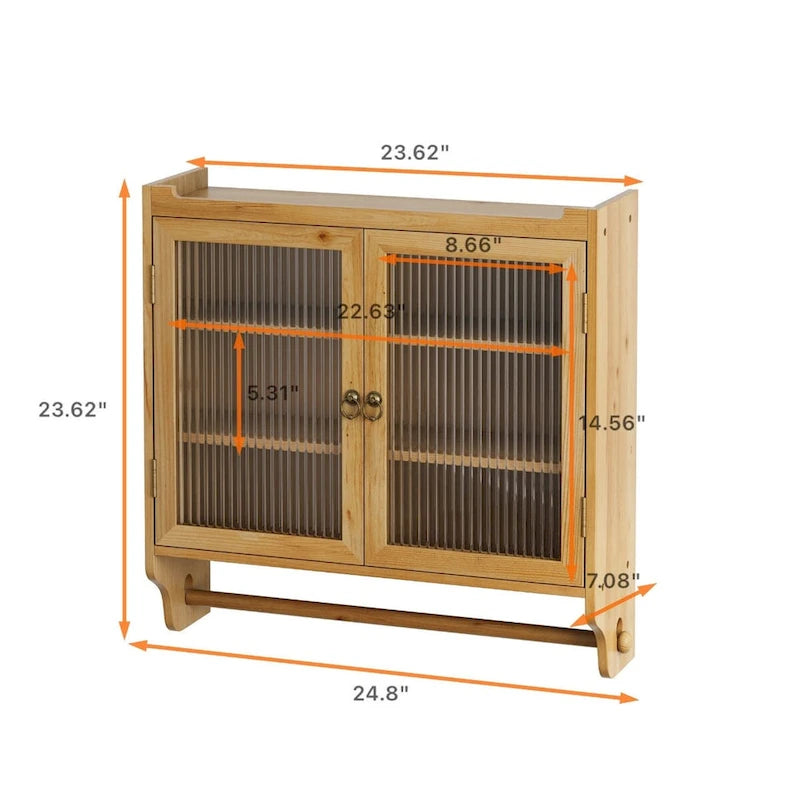 Armoire murale vintage à double porte vitrée de 24,8 pouces – conception de rangement à trois niveaux, comprend un porte-serviettes, placage en bois naturel.