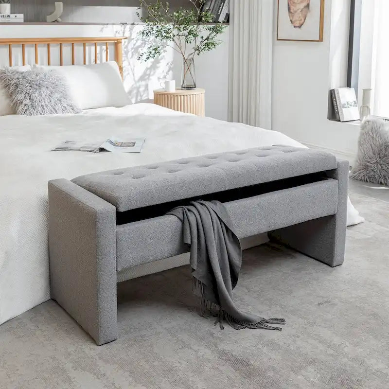Banc de rangement rectangulaire rembourré en tissu bouclette avec couvercle à charnière