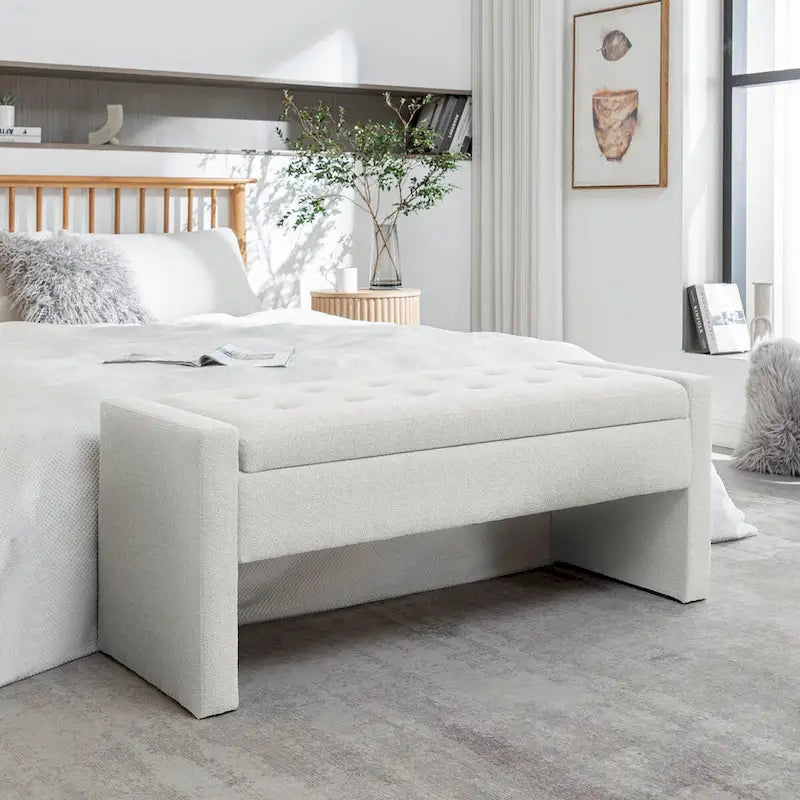 Banc de rangement rectangulaire rembourré en tissu bouclette avec couvercle à charnière