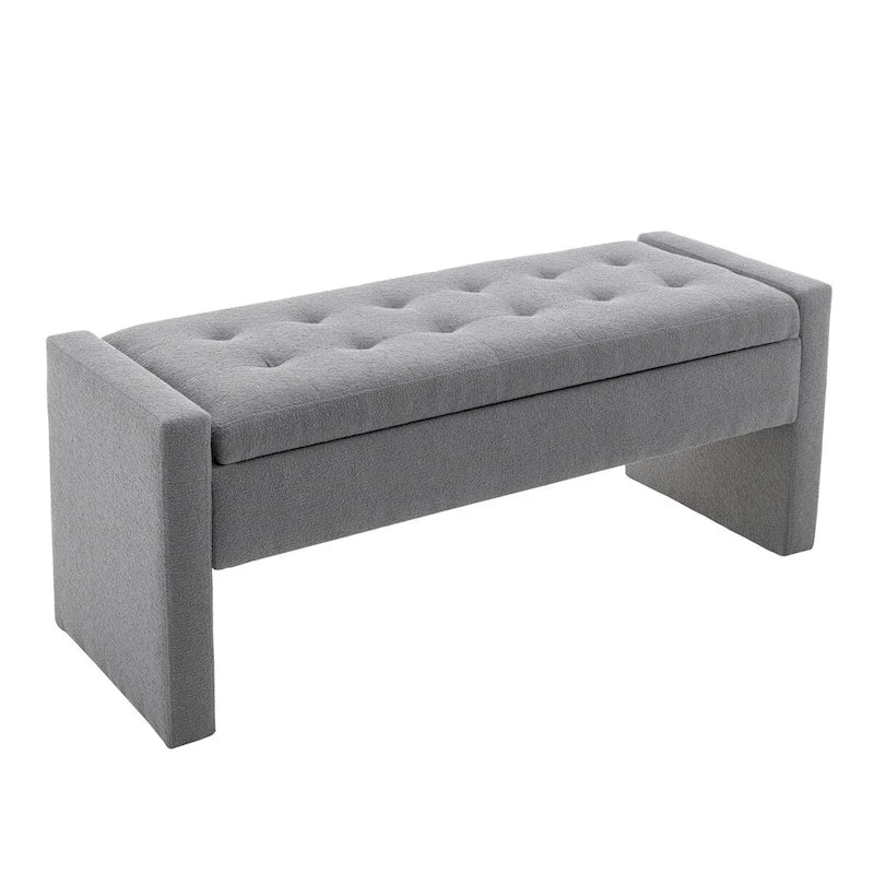 Banc de rangement rectangulaire rembourré en tissu bouclette avec couvercle à charnière