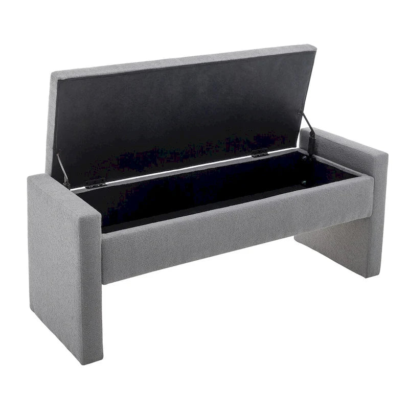 Banc de rangement rectangulaire rembourré en tissu bouclette avec couvercle à charnière