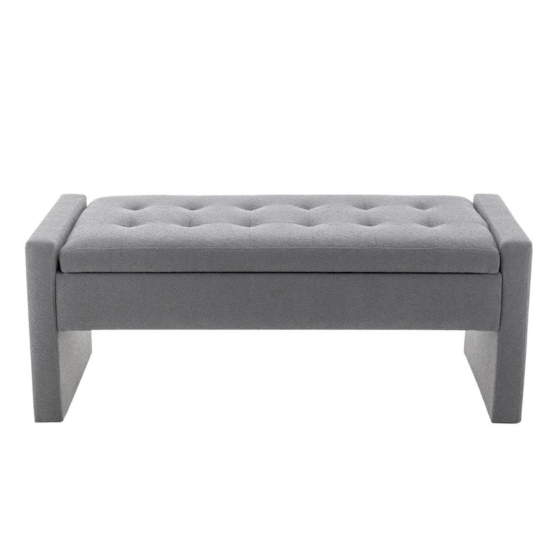 Banc de rangement rectangulaire rembourré en tissu bouclette avec couvercle à charnière