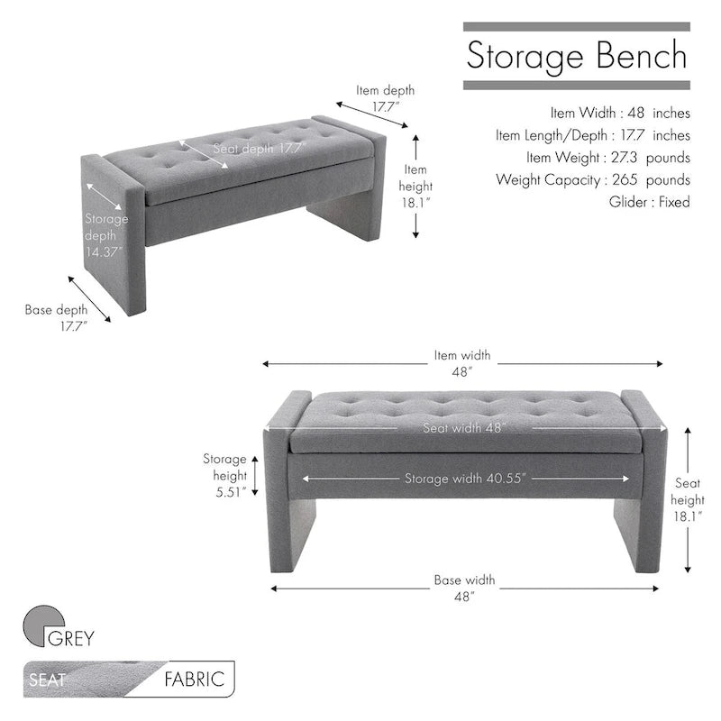 Banc de rangement rectangulaire rembourré en tissu bouclette avec couvercle à charnière