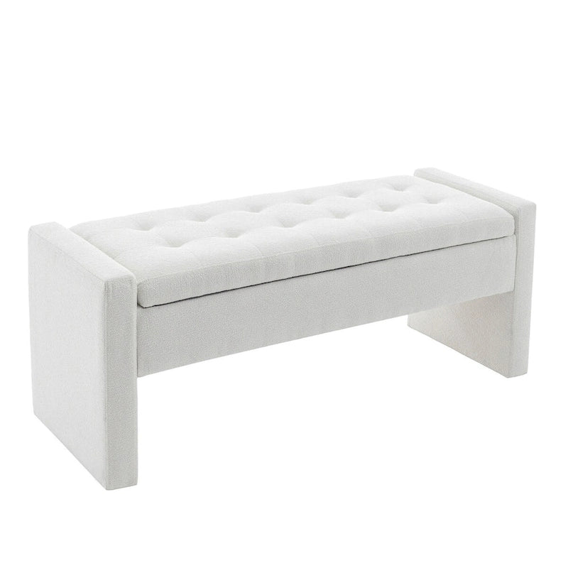 Banc de rangement rectangulaire rembourré en tissu bouclette avec couvercle à charnière