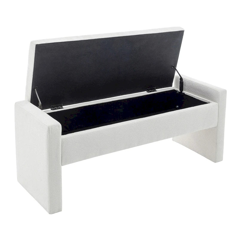 Banc de rangement rectangulaire rembourré en tissu bouclette avec couvercle à charnière